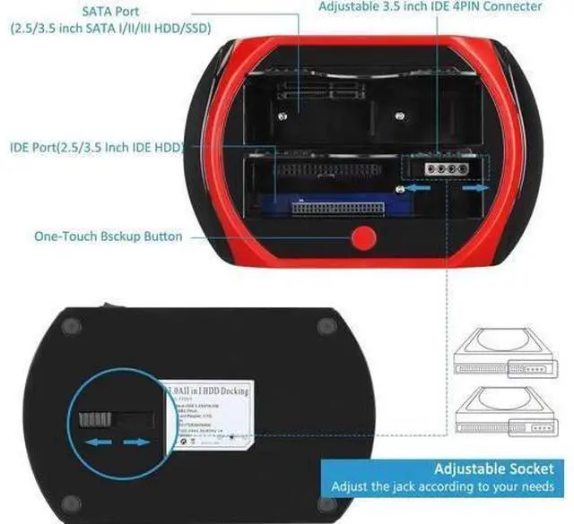 Alt view image 13 of 14 - Hard Drive Docking Station, USB 2.0 to 2.5 3.5 Inch SATA IDE Dual Slots External Enclosure with All in 1 Card Reader and USB 2.0 Hub for 2.5" 3.5" IDE SATA I/II/III HDD SSD