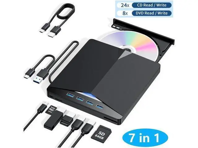 Alt view image 8 of 14 - External CD/DVD Drive for Laptop, 7-in-1 Portable DVD Player for Laptop, USB 3.0 Type C External CD DVD Burner with SD/TF Card Reader & 4-Port USB Hub, Compatible with Windows, Mac OS, Linux