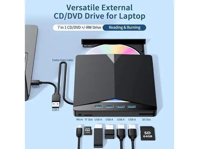 Alt view image 9 of 14 - External CD/DVD Drive for Laptop, 7-in-1 Portable DVD Player for Laptop, USB 3.0 Type C External CD DVD Burner with SD/TF Card Reader & 4-Port USB Hub, Compatible with Windows, Mac OS, Linux