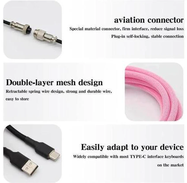 Alt view image 5 of 6 - Aomoproing Coiled Keyboard Cable for Gaming Mechanical Keyboard, Handwork Braided + PET Mesh, Metal Plug, with Detachable Metal Aviator Connector, 3 Meters USB C Aviator Cable (Pink)