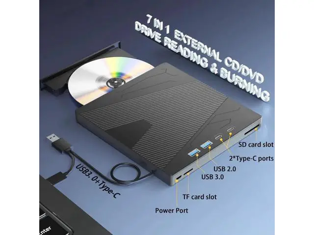 Alt view image 14 of 14 - External CD DVD Drive, 7 in 1 Portable CD/DVD Drives +/-RW Optical Drive with SD/TF Card Reader USB 3.0 &USB-C CD Burner Compatible with Laptop Desktop PC Windows 7/8/10/11/XP Mac Pro/Air Linux