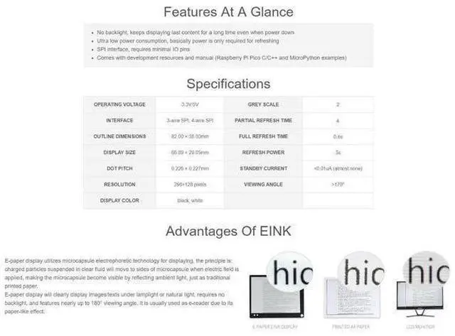 Alt view image 12 of 14 - 2.9inch E-Paper E-Ink Display Module for Raspberry Pi Pico 296×128 Pixels Black/White Partial Refresh Support with SPI Interface