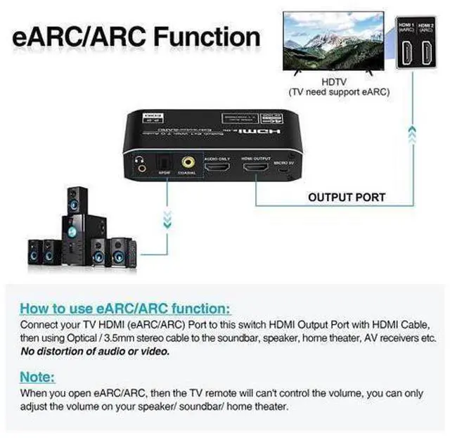 Alt view image 10 of 12 - 4K@60Hz HDMI Switch Audio Extractor 2 in 1 Out, 2x1 HDMI Switcher with SPDIF & 3.5MM Audio,Coaxial 4K HDMI Switch with Remote, Support Auto Downscale 3D HDR, HDCP2.3 for PS5, Xbox, HDTV
