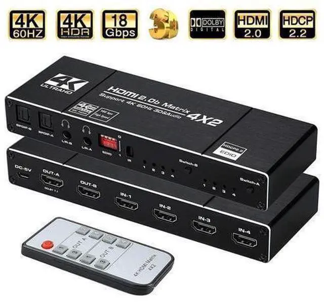 Alt view image 8 of 14 - 4K HDMI Matrix Switch 4 X 2 ,4in2 Out Video Switcher Splitter, 2xOptical SPDIF and 2x3.5mm L/R Audio Output with IR Remote Controller,Support 4K@60Hz 3D 18.5Gbps HDMI 2.0b HDCP 2.2,HDR10