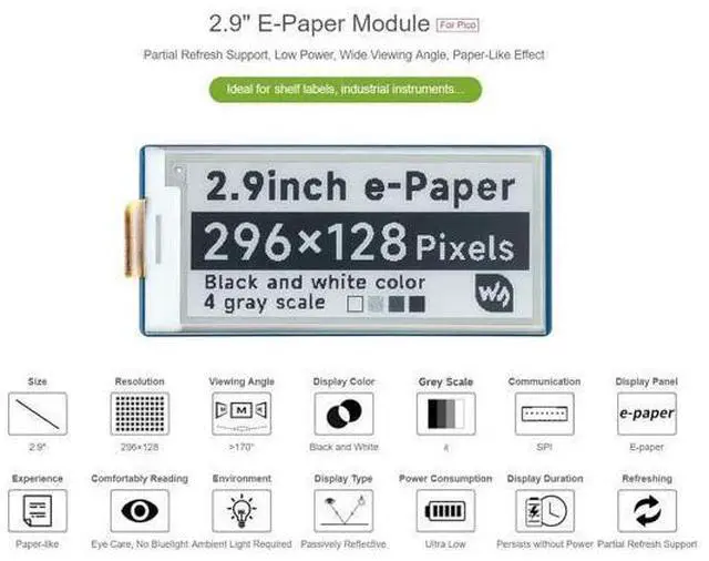 Alt view image 11 of 14 - 2.9inch E-Paper E-Ink Display Module for Raspberry Pi Pico 296×128 Pixels Black/White Partial Refresh Support with SPI Interface