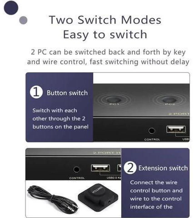 Alt view image 9 of 14 - DisplayPort KVM Switch 2 Port, KVM Switch DisplayPort for 2 Computers Sharing 1 Monitor and 3 USB Devices, Support 4K @60Hz, 2K(2560X1440) @120Hz, with Extended Control Switch and 2 USB Cables