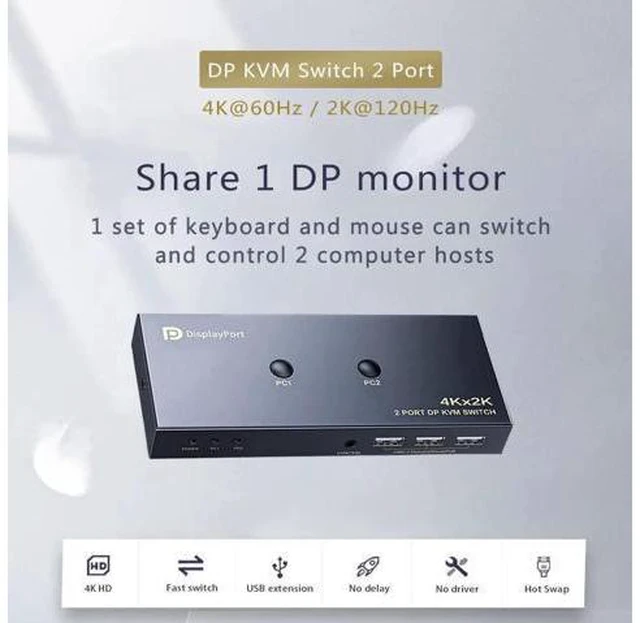 Alt view image 10 of 14 - DisplayPort KVM Switch 2 Port, KVM Switch DisplayPort for 2 Computers Sharing 1 Monitor and 3 USB Devices, Support 4K @60Hz, 2K(2560X1440) @120Hz, with Extended Control Switch and 2 USB Cables