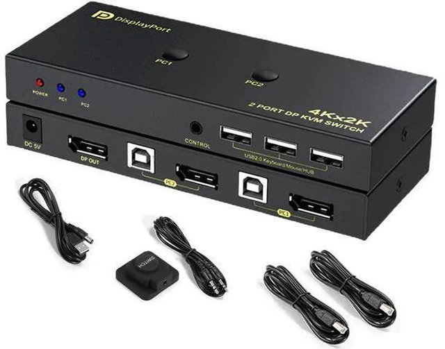 Alt view image 8 of 14 - DisplayPort KVM Switch 2 Port, KVM Switch DisplayPort for 2 Computers Sharing 1 Monitor and 3 USB Devices, Support 4K @60Hz, 2K(2560X1440) @120Hz, with Extended Control Switch and 2 USB Cables