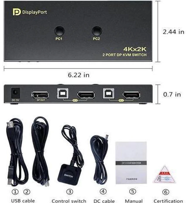 Alt view image 14 of 14 - DisplayPort KVM Switch 2 Port, KVM Switch DisplayPort for 2 Computers Sharing 1 Monitor and 3 USB Devices, Support 4K @60Hz, 2K(2560X1440) @120Hz, with Extended Control Switch and 2 USB Cables