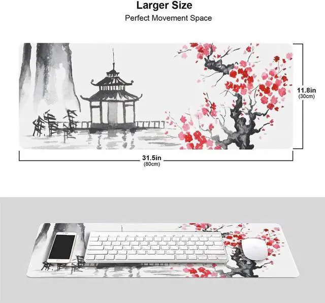 Alt view image 8 of 14 - Black and White Japanese Sumi-E Painting Cherry Blossom Temple Art Gaming Mouse Pad XL Extended Large Mouse Mat Desk Pad Stitched Edges Mousepad Long Non-Slip Rubber Base Mice Pad 31.5 X 11.8 Inch