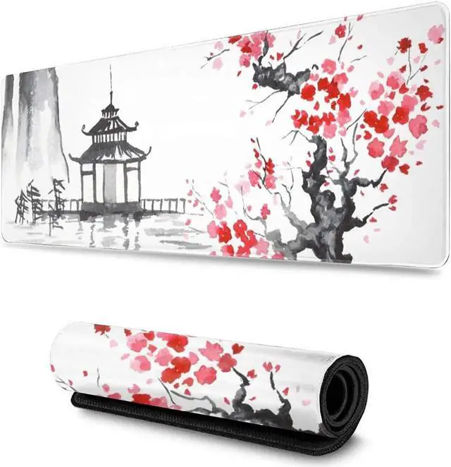 Alt view image 13 of 14 - Black and White Japanese Sumi-E Painting Cherry Blossom Temple Art Gaming Mouse Pad XL Extended Large Mouse Mat Desk Pad Stitched Edges Mousepad Long Non-Slip Rubber Base Mice Pad 31.5 X 11.8 Inch