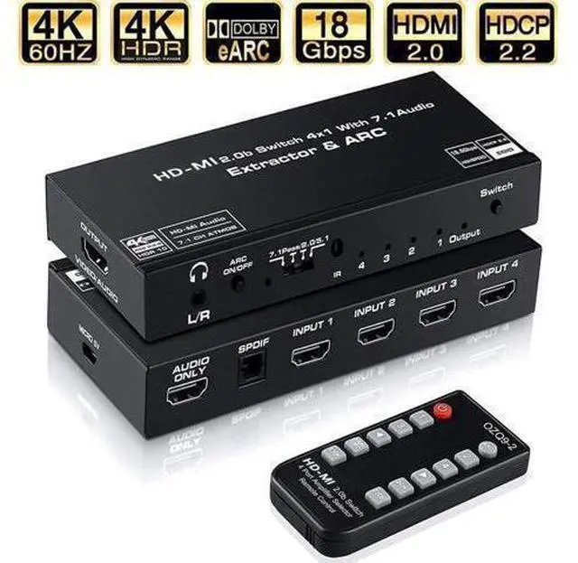Alt view image 8 of 14 - 4K@60Hz 4x1 HDMI Switch Audio Extractor with Optical Toslink SPDIF/3.5mm Audio Out, 4 Ports HDMI 2.0b Switcher with Remote Control Support ARC, HDCP 2.2, 3D, for Xbox, Fire Stick, PS5