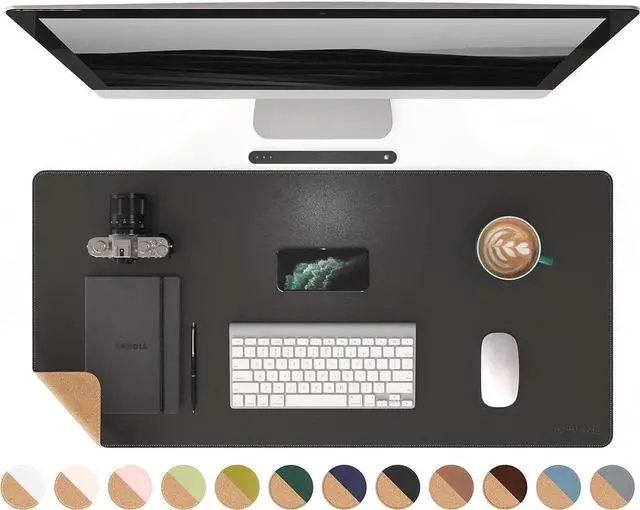 Alt view image 8 of 14 - Dual-Sided Mouse Pad Natural Cork & PU Leather Large Desk Pad for Office and Home Work Desk Protector Non-Slip Waterproof Easy Clean (Black 36x17)