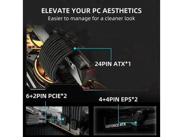 Alt view image 12 of 14 - Black Sleeved PSU Extension Cable Kit, 18AWG, 35cm, ATX 24Pin + 4+4Pin EPS + 6+2Pin PCI-E with Cable Combs