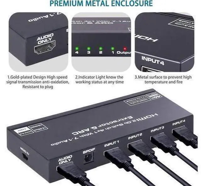 Alt view image 11 of 14 - HDMI Switch 4x1 with Audio Extractor, 4K@60Hz Ultra HD HDMI Switcher with Optical TOSLINK SPDIF, 3.5mm Audio Support ARC Function, HDCP 2.2, RGB 8:8:8(7.1CH Dolby atmos),EDID,HDR 1