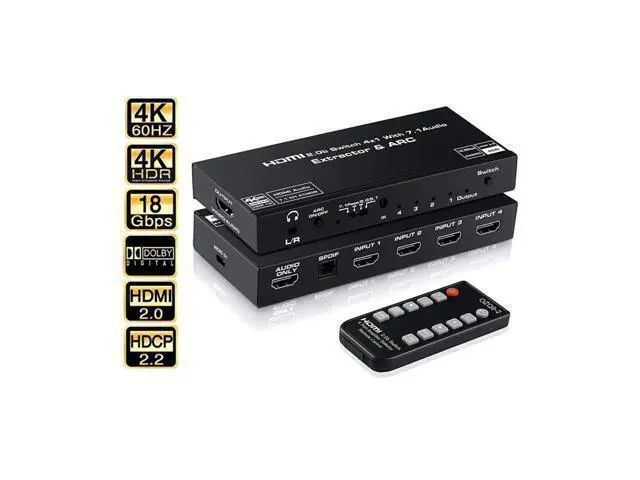 Alt view image 8 of 14 - HDMI Switch 4x1 with Audio Extractor, 4K@60Hz Ultra HD HDMI Switcher with Optical TOSLINK SPDIF, 3.5mm Audio Support ARC Function, HDCP 2.2, RGB 8:8:8(7.1CH Dolby atmos),EDID,HDR 1