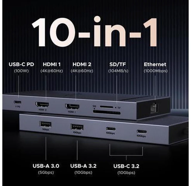 Alt view image 9 of 14 - UGREEN Revodok 10 in 1 USB C Docking Station Dual 4K Monitor, USBC Hub with 2 HDMI, USB A&C 3.2 Ports, SD/TF Card Reader, PD 100W Charging, USB C Dock with 1Gbps Ethernet for Dell, HP, XPS and More
