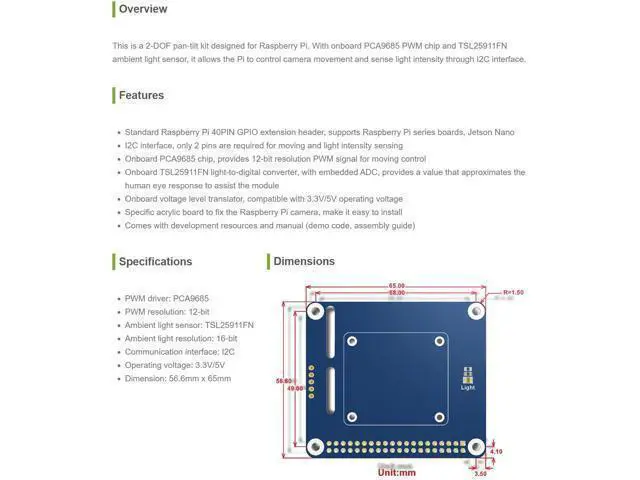 Alt view image 14 of 14 - 2-DOF Pan-Tilt HAT for Raspberry Pi Series Board Light Intensity Sensing Control Camera Movement I2C Interface
