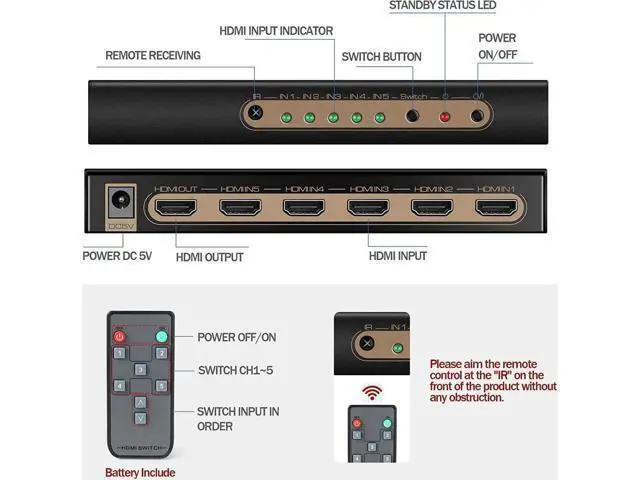 Alt view image 10 of 14 - 4K @60HZ HDMI Switch 5x1, HDMI 2.0 Switch 5 in 1 Out, 4K HDMI Switch with Remote Control Support Auto Switch, 3D, HDR 10, 18Gbps, HDCP 2.2 for PS5, Xbox, DVD, Monitor