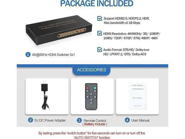 Alt view image 13 of 14 - 4K @60HZ HDMI Switch 5x1, HDMI 2.0 Switch 5 in 1 Out, 4K HDMI Switch with Remote Control Support Auto Switch, 3D, HDR 10, 18Gbps, HDCP 2.2 for PS5, Xbox, DVD, Monitor