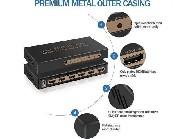 Alt view image 14 of 14 - 4K @60HZ HDMI Switch 5x1, HDMI 2.0 Switch 5 in 1 Out, 4K HDMI Switch with Remote Control Support Auto Switch, 3D, HDR 10, 18Gbps, HDCP 2.2 for PS5, Xbox, DVD, Monitor