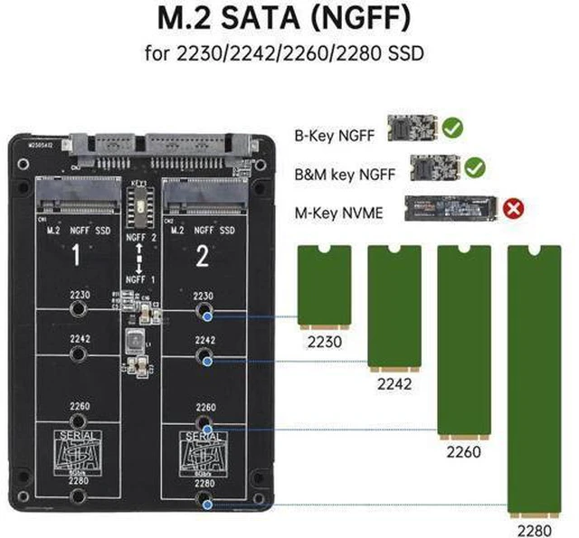 Alt view image 9 of 12 - Aomoproing M.2 SATA NGFF to SATA Adapter (Not Support NVME/ M.2 PCIE) 6Gbps Dual NGFF MSATA B Key/ B&M Key SSD to 2.5" III Converter Adapter Max 4TB Support 2230 2242 2260 2280 SSDs