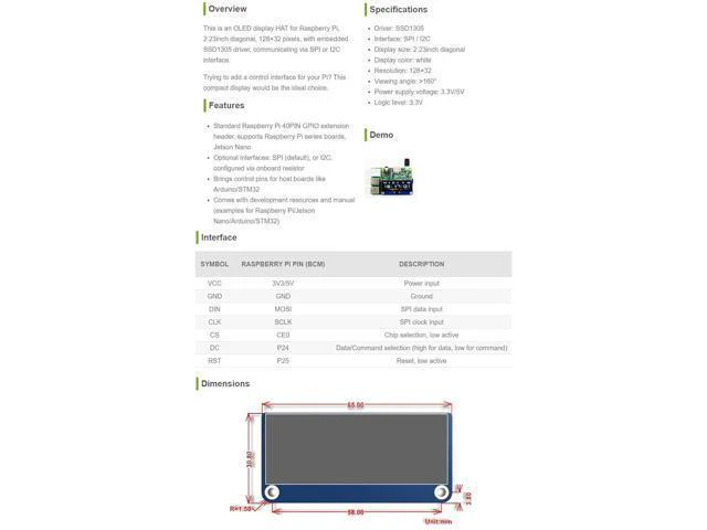 Alt view image 12 of 12 - 2.23inch OLED Display HAT for Raspberry Pi 128×32 Pixels with Embedded 1305 Driver Communicating via SPI or I2C Interface.