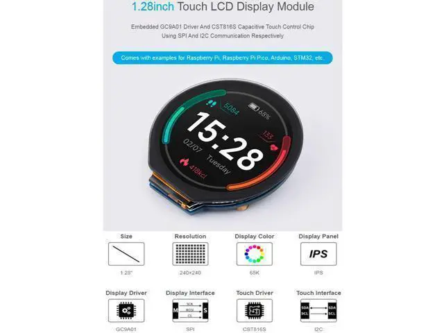 Alt view image 10 of 14 - 1.28inch Touch Round LCD Module with Touch Panel, 240×240 IPS Capacitive Display Screen, 65K RGB Color, SPI & I2C Port, GC9A01 & CST816S Chip, for Raspberry Pi/Raspberry Pi Pico/Ardu/STM32, etc