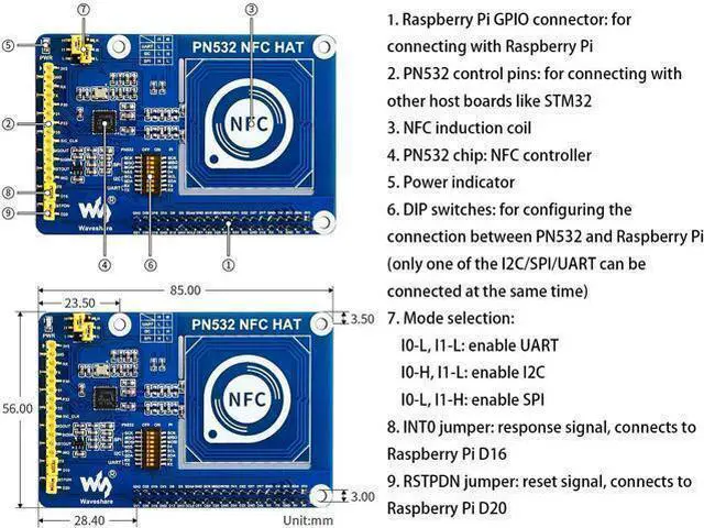 Alt view image 12 of 14 - PN532 NFC HAT for Raspberry Pi 4B/3B+/3B/2B/Zero/Zero W - I2C / SPI/UART Interface, Supports Various NFC/RFID Cards