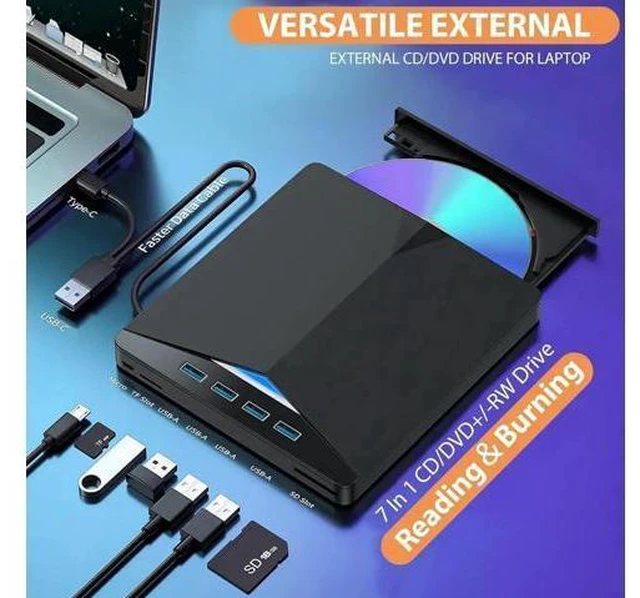 Alt view image 13 of 14 - External CD/DVD Drive for Laptop, 7-in-1 USB 3.0 DVD Player, Portable CD/DVD Burner, CD-ROM External DVD Drive with 4 Ports USB Hub, SD/TF Card Reader, Compatible with Windows 11/10/8/7, Linux, Mac OS