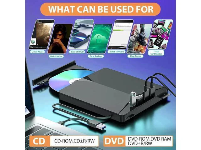 Alt view image 14 of 14 - External CD/DVD Drive for Laptop, 7-in-1 USB 3.0 DVD Player, Portable CD/DVD Burner, CD-ROM External DVD Drive with 4 Ports USB Hub, SD/TF Card Reader, Compatible with Windows 11/10/8/7, Linux, Mac OS