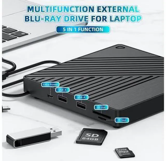 Alt view image 7 of 10 - Ultra-Portable 5-in-1 External Blu-ray Drive: USB 3.0 & USB-C DVD/CD Burner, BD Reader with Dual USB-A Ports & SD/TF Card Readers Seamless Laptop/PC Compatibility for Windows, Mac, Linux (5 IN 1)