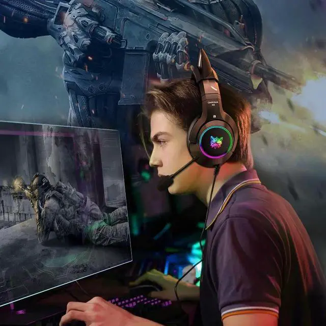 Alt view image 9 of 14 - K9 Gaming Headset with Removable Cat Ears, for PS5, PS4, Nintendo Switch, PC, with Surround Sound, RGB LED Light & Noise Canceling Retractable Microphone