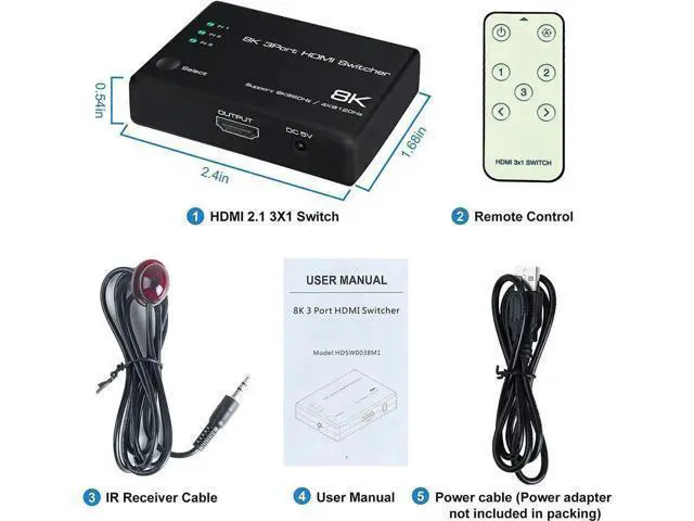 Alt view image 10 of 14 - 3 in 1 Out HDMI 2.1 Switch 8K@60Hz, 4K@120Hz HDMI Switcher 3 Port, 8K HDMI Auto Switch 3x1 Selector with IR Remote for Xbox,PS5,PS4,UHD TV, Support 48Gbps, HDCP 2.3,HDR 10+, 1080P@240Hz