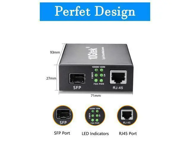 Alt view image 11 of 14 - Fiber to Ethernet Media Converter, Gigabit Single Mode SFP LC Converter, 1000Base-LX to 10/100/1000M RJ45, SMF, 1310nm, up to 20km (12.4miles)