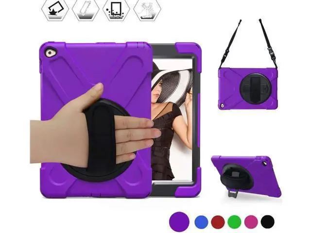 Alt view image 8 of 14 - iPad Air 2 Case 9.7 Inch 2014 Case for iPad Model A1566 / A1567, 360 Degrees Built-in Stand Heavy Duty Hand&Shoulder Strap Full-Body Protective Case for iPad Air 2 Purple
