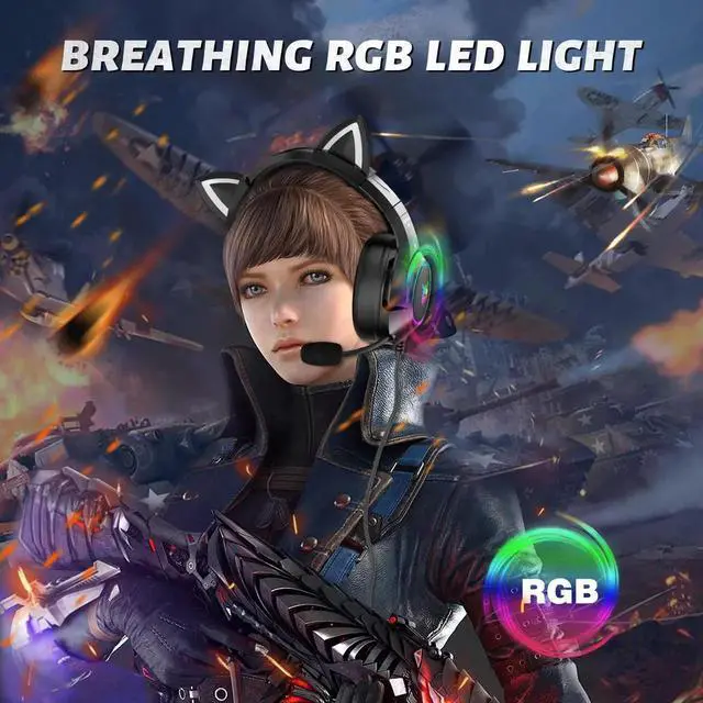 Alt view image 10 of 14 - K9 Gaming Headset with Removable Cat Ears, for PS5, PS4, Nintendo Switch, PC, with Surround Sound, RGB LED Light & Noise Canceling Retractable Microphone