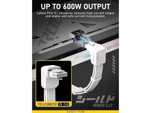Alt view image 11 of 14 - White Shield PCIe 5.1 GPU Extension Cable with 90° 12V2x6 Adapter, 16Pin 12VHPWR Cord with Cable Combs, Standard Type, Fits RTX 40/50 Series GPUs