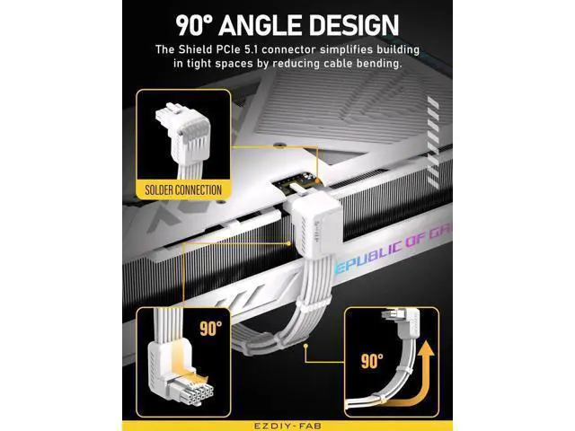 Alt view image 14 of 14 - White Shield PCIe 5.1 GPU Extension Cable with 90° 12V2x6 Adapter, 16Pin 12VHPWR Cord with Cable Combs, Standard Type, Fits RTX 40/50 Series GPUs
