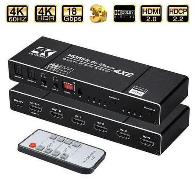 Alt view image 8 of 14 - 4K@60Hz HDMI Matrix Switch Splitter 4 in 2 Out with Remote, 4x2 HDMI Splitter Switcher 4K with 2xSPDIF & 2x3.5mm Audio, Support 4K,3D, 1080p,HDCP2.2, HDR 10 for PS4,Xbox,Fire Stick,etc