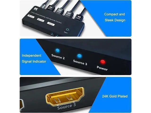 Alt view image 9 of 14 - HDMI Switch with IR Remote hdmi Switcher 3 in 1 Out Ultra 8K HD Directional Switch 8K@60Hz 4K@120Hz High Speed 48Gbps Switch 8K hdmi Splitter ps5 Support Xbox X PS5 luminum Shell