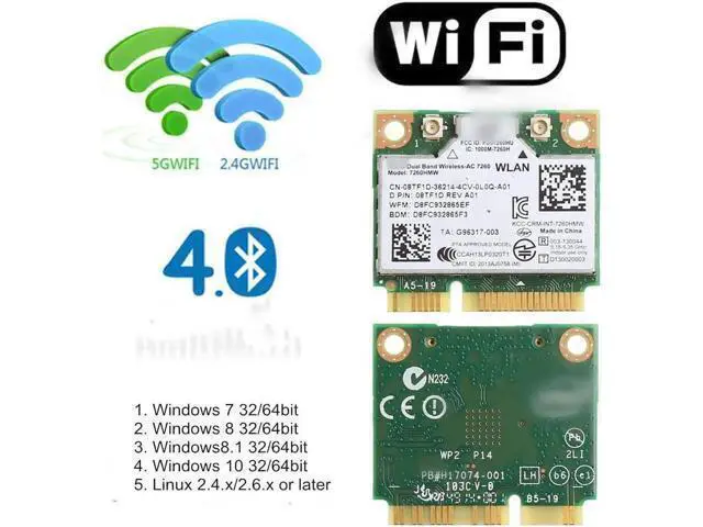 Alt view image 13 of 14 - Mini pcie WiFi Card Dual Band Wireless AC 7260 PCI Express Card 802.11ac 2x2 Wi-Fi 7260hmw Bluetooth 4.0 PCIe Half WiFi Card 802.11 b/a/g/n/ac for Laptop Window 7 8 8.1 10 Linux 2.4.x/2.6.x or Later