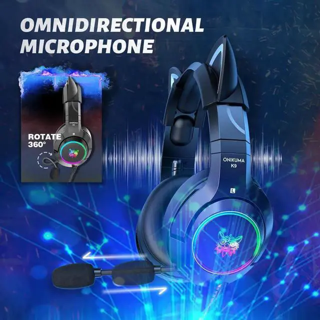 Alt view image 12 of 14 - K9 Gaming Headset with Removable Cat Ears, for PS5, PS4, Nintendo Switch, PC, with Surround Sound, RGB LED Light & Noise Canceling Retractable Microphone