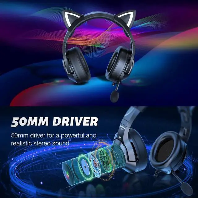 Alt view image 13 of 14 - K9 Gaming Headset with Removable Cat Ears, for PS5, PS4, Nintendo Switch, PC, with Surround Sound, RGB LED Light & Noise Canceling Retractable Microphone