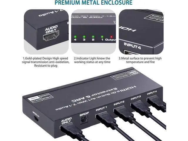 Alt view image 11 of 14 - 4K 60Hz 4 Port 4 x 1 HDMI Switch Audio Extractor with IR Remote Control HDMI 2.0b Switcher Support ARC Function 18Gbps 4K x 2K 3D HDCP 2.2 HDMI Splitter Hub Port Switches for PS4 Xbox