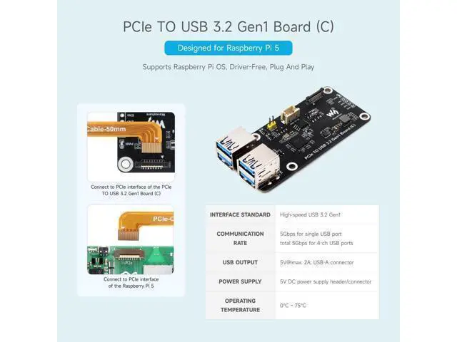 Alt view image 10 of 14 - PCIe to 4-Ch USB3.2 Gen1 Board (C), Compatible with Raspberry Pi 5, Up to 5Gbps Transmission Speed, No Driver Required, Plug and Play