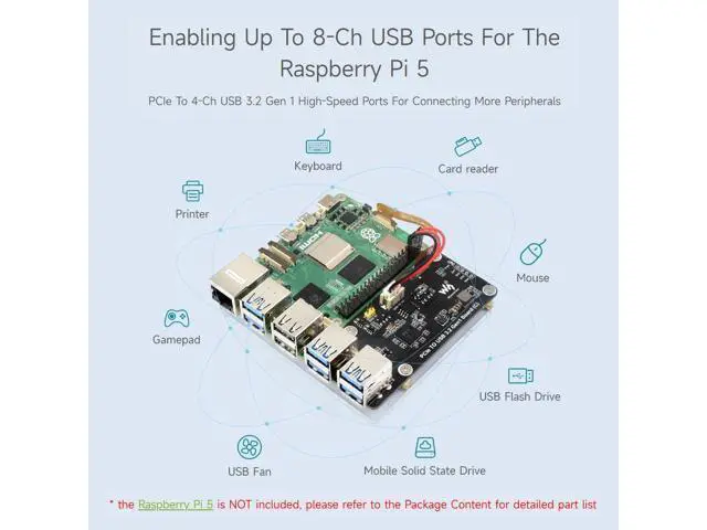 Alt view image 12 of 14 - PCIe to 4-Ch USB3.2 Gen1 Board (C), Compatible with Raspberry Pi 5, Up to 5Gbps Transmission Speed, No Driver Required, Plug and Play