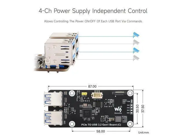 Alt view image 13 of 14 - PCIe to 4-Ch USB3.2 Gen1 Board (C), Compatible with Raspberry Pi 5, Up to 5Gbps Transmission Speed, No Driver Required, Plug and Play