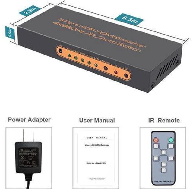 Alt view image 9 of 14 - 5 Ports HDMI Switch 4K, 5x1 HDMI Splitter Switch 5 In 1 Out HDMI Switcher with IR Remote Support 4K 60hz, 2K, 1080P, 3D, HDCP 2.2, UHD, HDR for PS 3/4, XBOX One/360, DVD Player, HDTV, Projector
