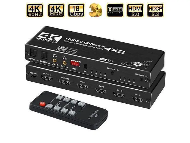 Alt view image 8 of 14 - 4 in 2 Out HDMI Matrix 4K@60Hz 4x2 HDMI Matrix Switch with IR Remote Control, Support EDID, HDMI 2.0b, HDCP2.2, HDR10, Ultra HD, 3D